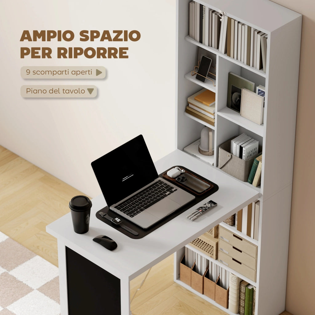 Scrivania PC Pieghevole con Libreria a 9 Ripiani in Legno e Metallo. 98x51x153 cm. Bianco