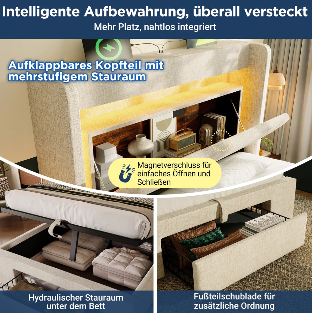 Letto imbottito 90x200 beige con LED, USB-C, contenitore e materasso