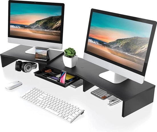 Monitor Stand Verstilabile - Altezza Schermo Regolabile - Dimensioni 108x23,5x10 cm - Massimo 25 kg - Ergonomico - Cassetta di Stoccaggio