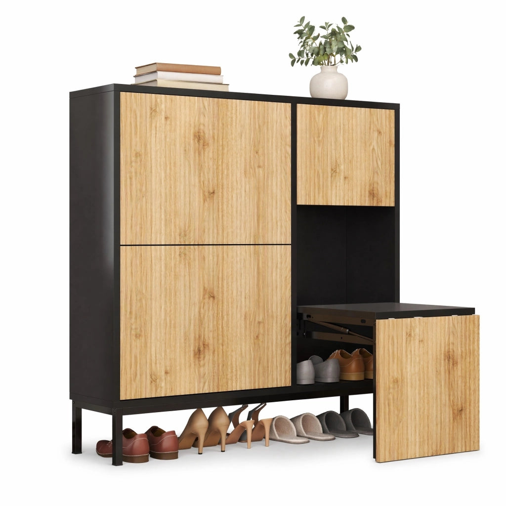 Scarpiera con panca estraibile; 100x100x25 cm; MDF; nero e naturale
