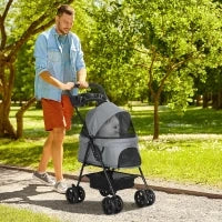 Passeggino per Cani Pieghevole con Guinzaglio di Sicurezza e Cestino Portaoggetti, Grigio