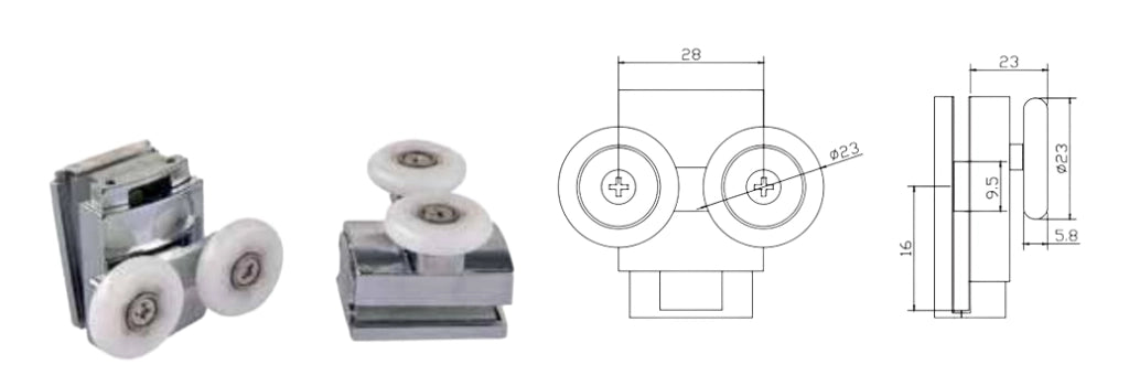 Coppia Cuscinetti Doppia Ruota Attacco Superiore Metallo Cromato Box Doccia – Ø23 mm – Foro 11 mm