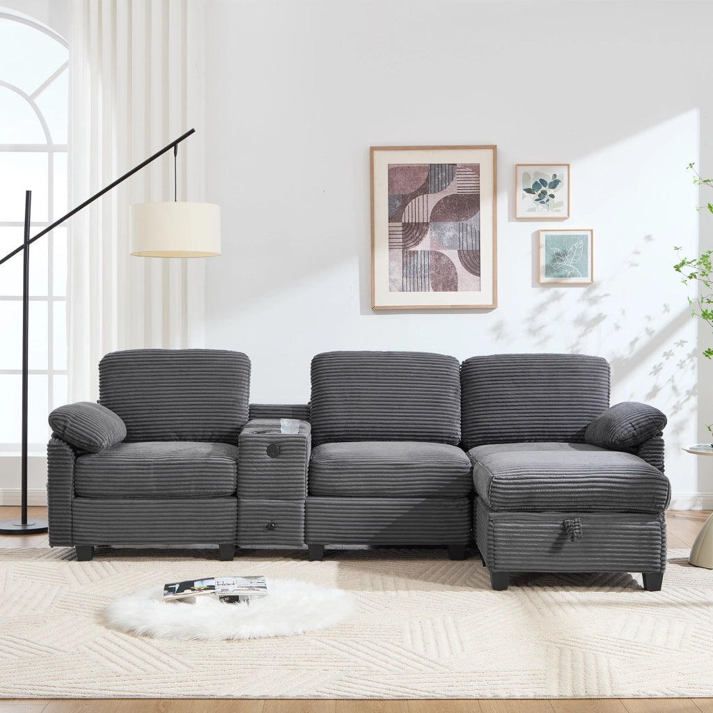 Divano con memory foam console scorrevole USB-C tasche laterali e pouf contenitore in velluto a coste grigio scuro