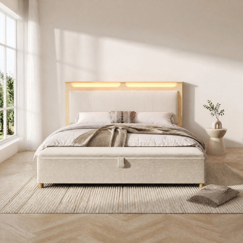 LETTO 140x200 cm in legno e corda beige con materasso incluso e panca contenitore