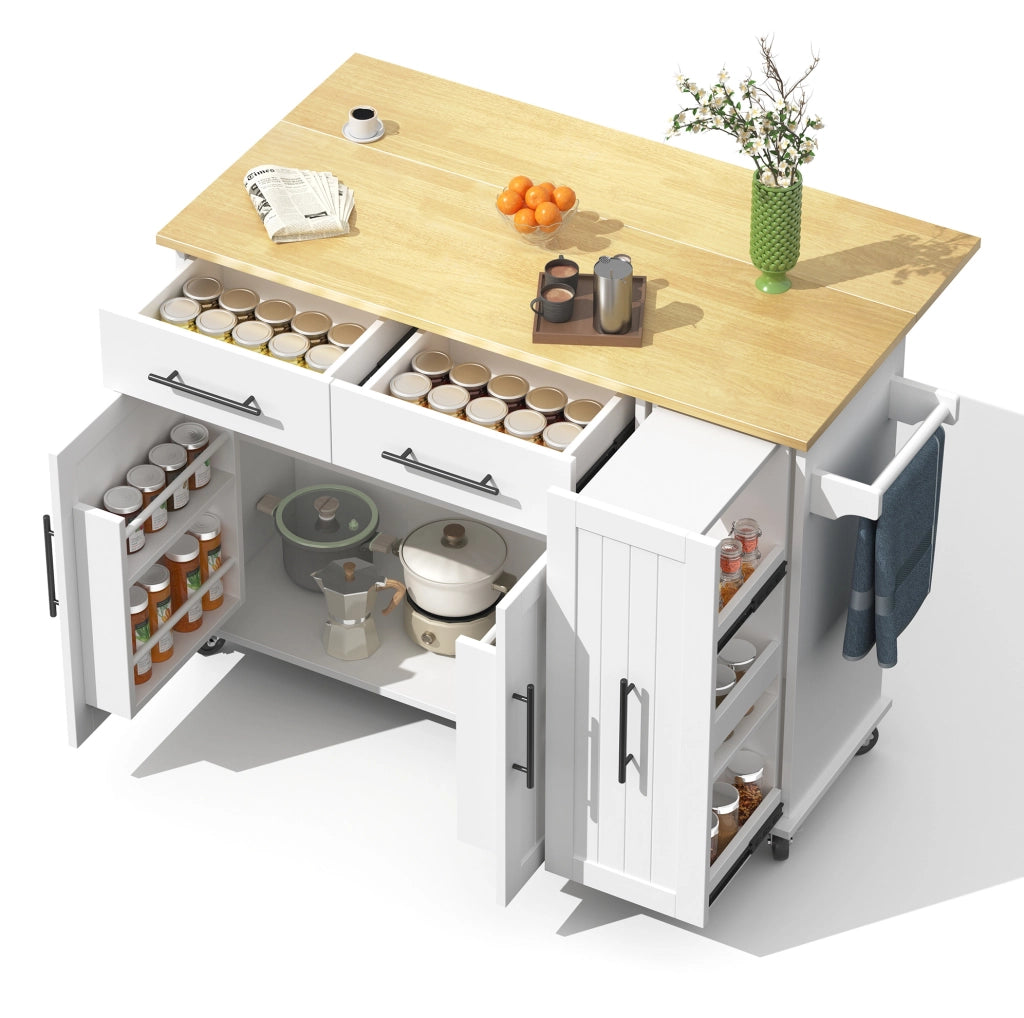 Isola da cucina 120x40(65)x90 cm con piano a ribalta e organizer a 3 livelli in MDF bianco e naturale