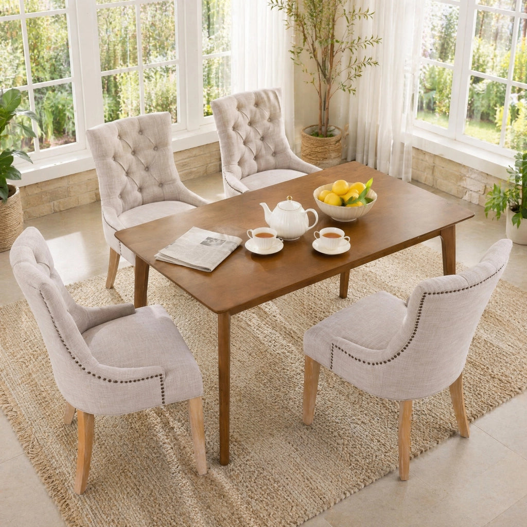 Sedia da Pranzo Imbottita con Schienale Imbottito e Gambe in Rovere, in Tessuto Beige