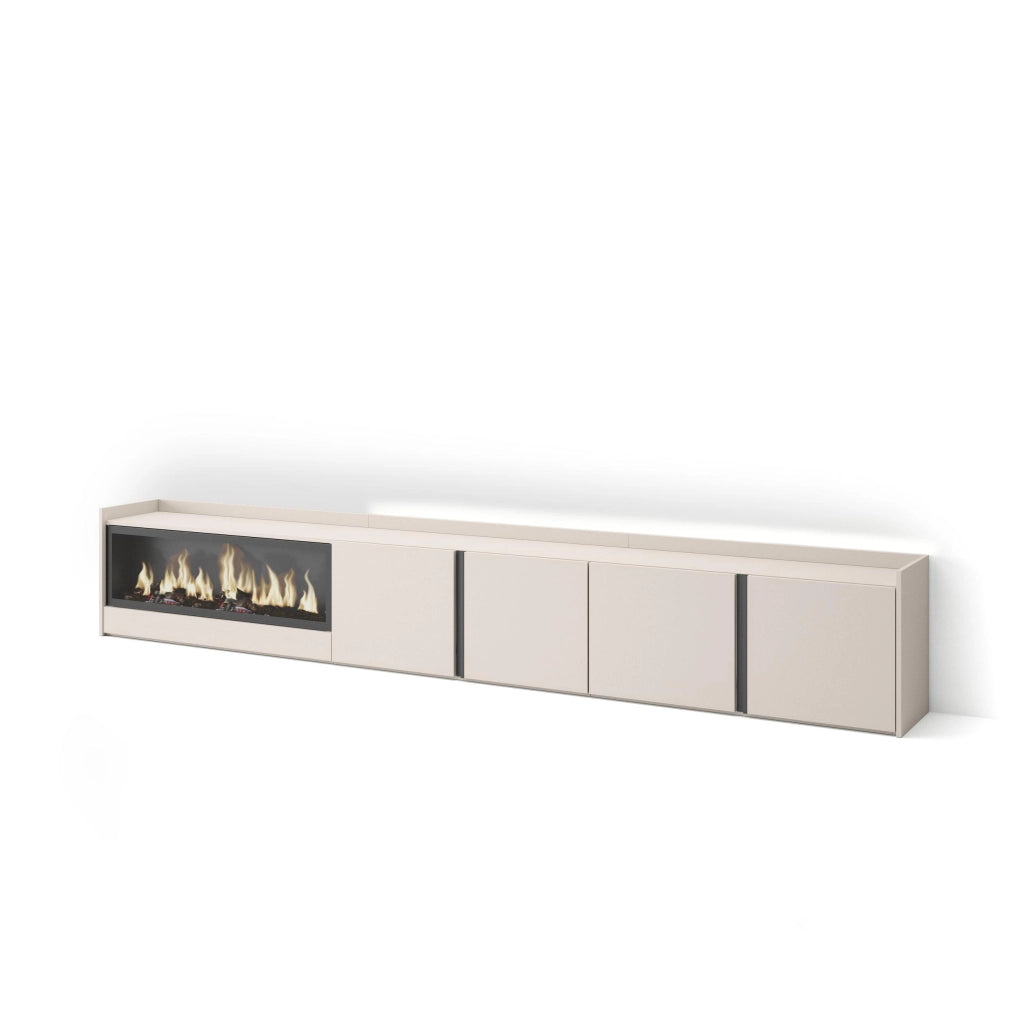 Mobile TV Soggiorno, 315x50x35 cm, Per TV fino a 80", Camino elettrico XXL, LED, Beige