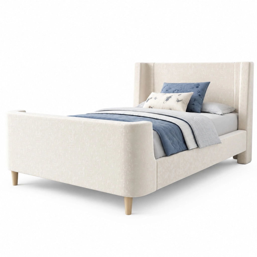 Letto singolo per bambini 90x200 cm stile slitta in velluto beige con rete a doghe