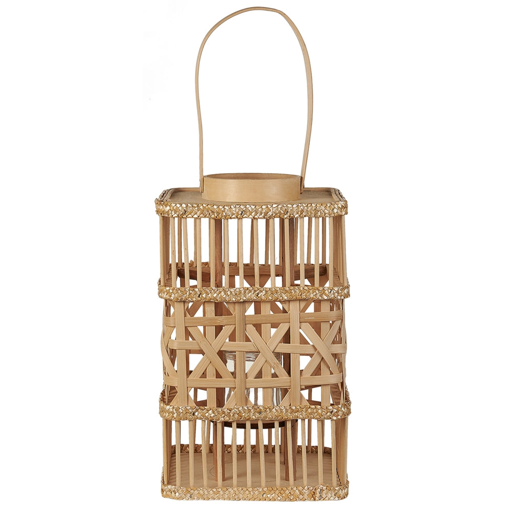 Lanterna porta candela in bambù naturale 35 cm in stile boho per interni ed esterni