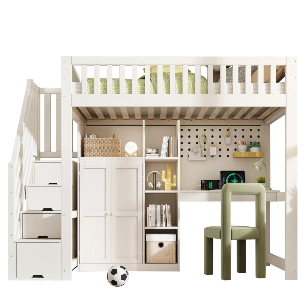 Letto a soppalco bianco 90x200 cm in legno con scrivania; armadio; ripiani e prese USB