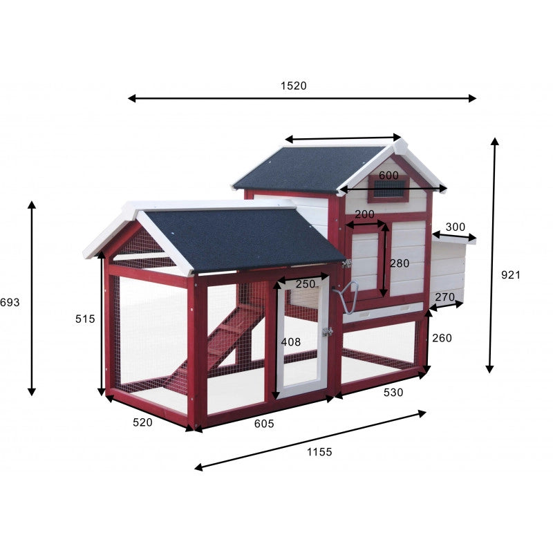 Pollaio in legno da giardino 152x62 cm – spessore pareti 10 mm tetto bitumato – 2 aree interne per 2-3 galline – PO1562 Foresta