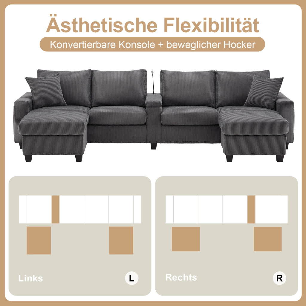 Divano a U con contenitore; lampada e USB in velluto a coste grigio 334×128.5×81 cm