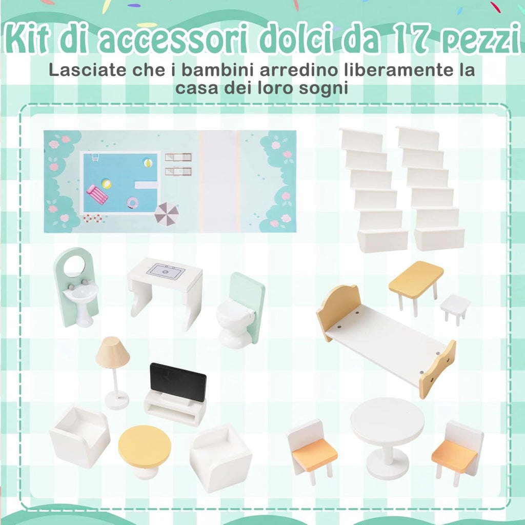 Casa delle Bambole a 3 Piani in Legno, Casa Barbie con Scale e 17 Pezzi di Mobili Completi, Villa da Principessa Fai-da-Te Giocattolo per Bambini 3+ Anni, 74,5 x 63 x 120,5 cm (Verde)