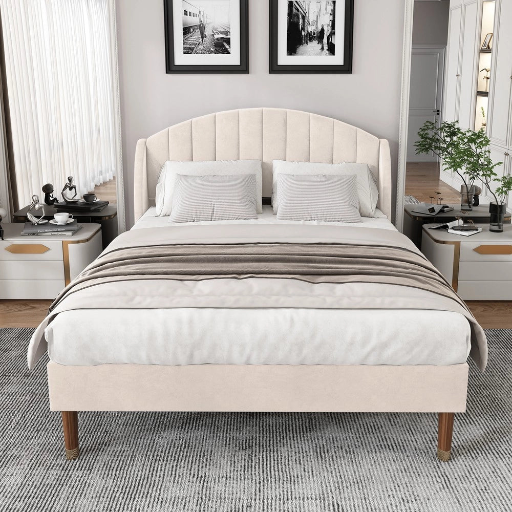 Letto imbottito con rete a doghe e testiera ¨C Minimal ¨C Beige velluto 140x200 cm