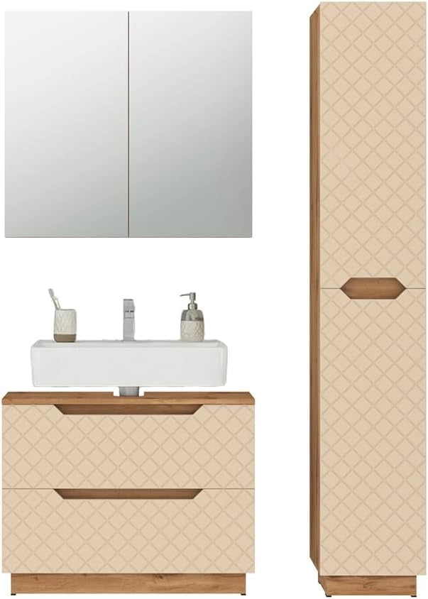 Set di mobili da bagno Lotta, Cachemire, 79.6 cm, composto da mobile sottolavabo, specchiera e colonna alta
