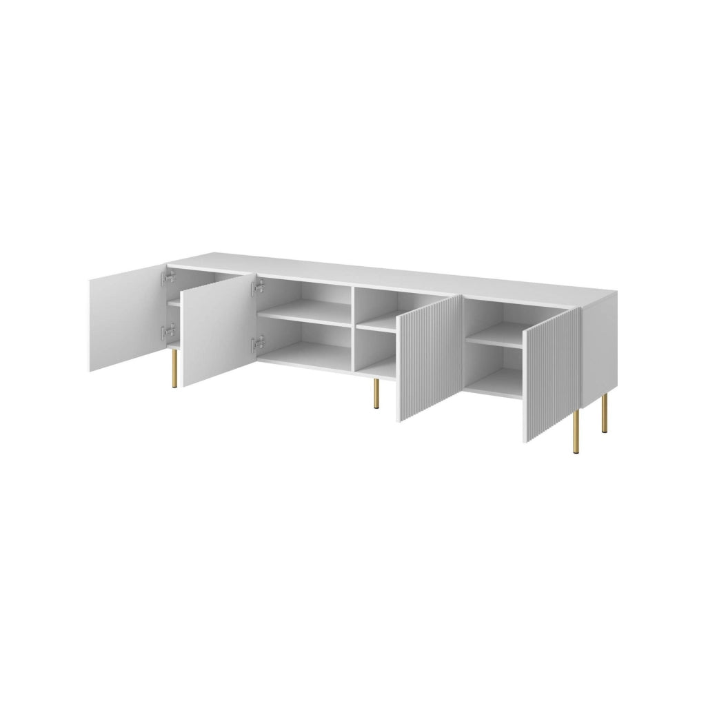 Mobile porta TV Varenna, Madia da salotto con quattro ante battenti, Rialzato da terra, 200x42 h52 cm, Bianco