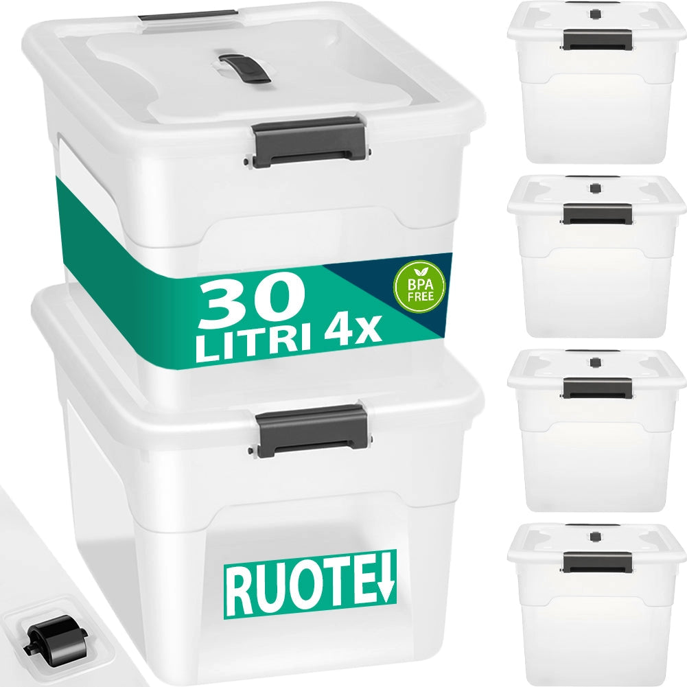 Set 4 Scatole Contenitori Salvaspazio Porta Oggetti da 30L Portaoggetti in Plastica Trasparente