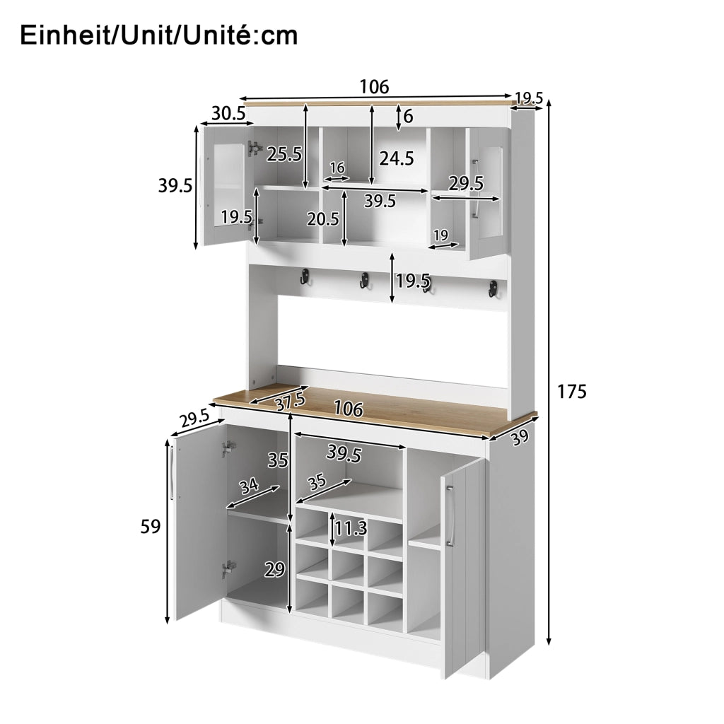 Credenza con vetrina e portabottiglie, 2 ante in vetro e ganci, per cucina e sala da pranzo, bianco, 106 × 39 × 175 cm