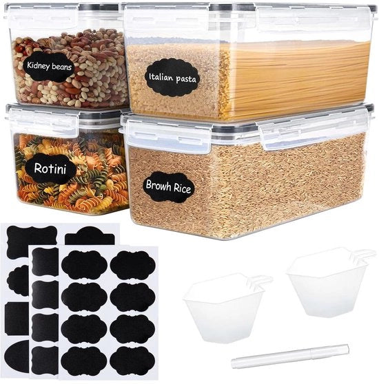 4 scatole di conservazione con coperchio, 3 etichette, 2 calibri, 1 matita, contenitore di conservazione a chiusura ermetica da 3,2 litri, scatole di conservazione in plastica, organizzatore per la cucina per spaghetti, farina, cornflakes, pasta, muesli