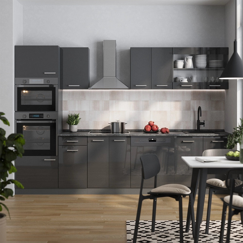 Cucina componibile R-Line Antracite lucido/Antracite 300 cm con armadio alto, PL Rovere Vicco