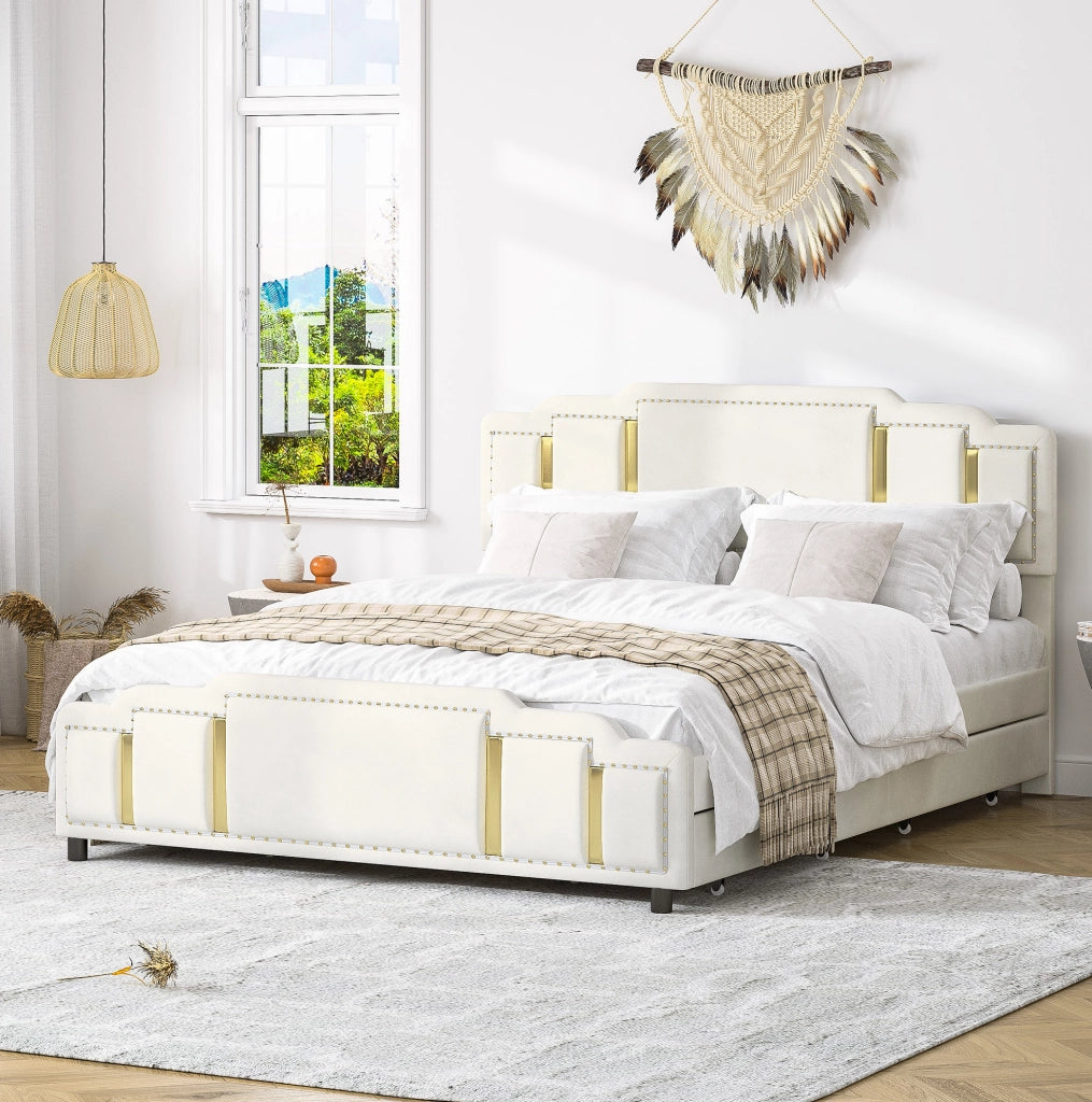 Letto matrimoniale 140x200 cm imbottito beige in velluto con cassetti e dettagli dorati