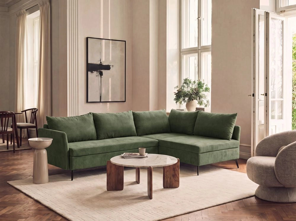 Divano Letto Angolare a 3 Posti Sinistro in Tessuto Verde con Contenitore per Soggiorno Koge