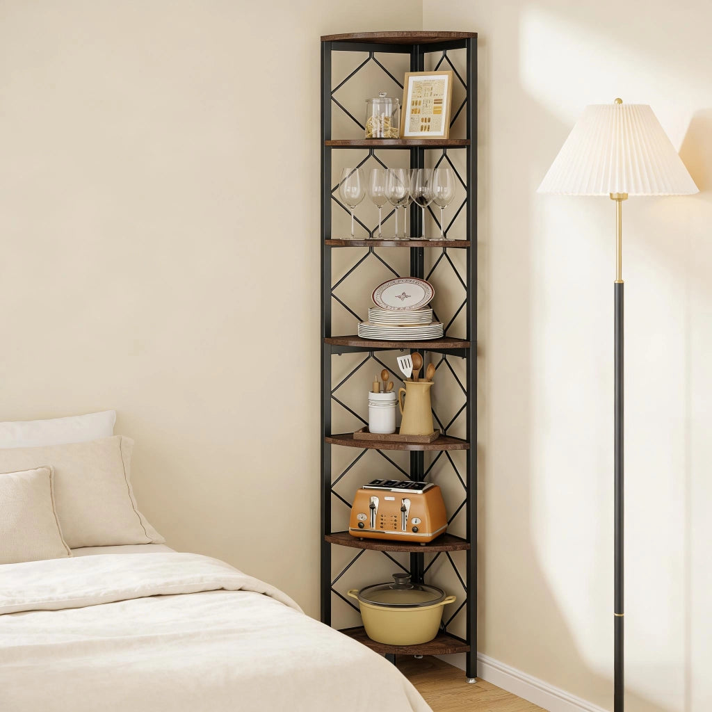 Scaffale angolare slim a 7 ripiani per piccoli spazi, design salvaspazio in metallo e legno, colore Nero/Marrone