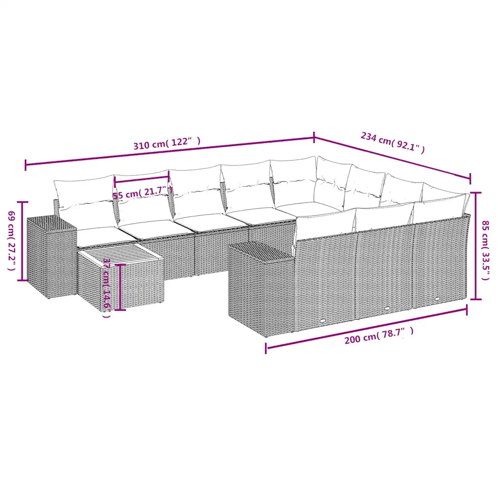 Set Divani da Giardino 11 pz con Cuscini Beige in Polyrattan 3225631