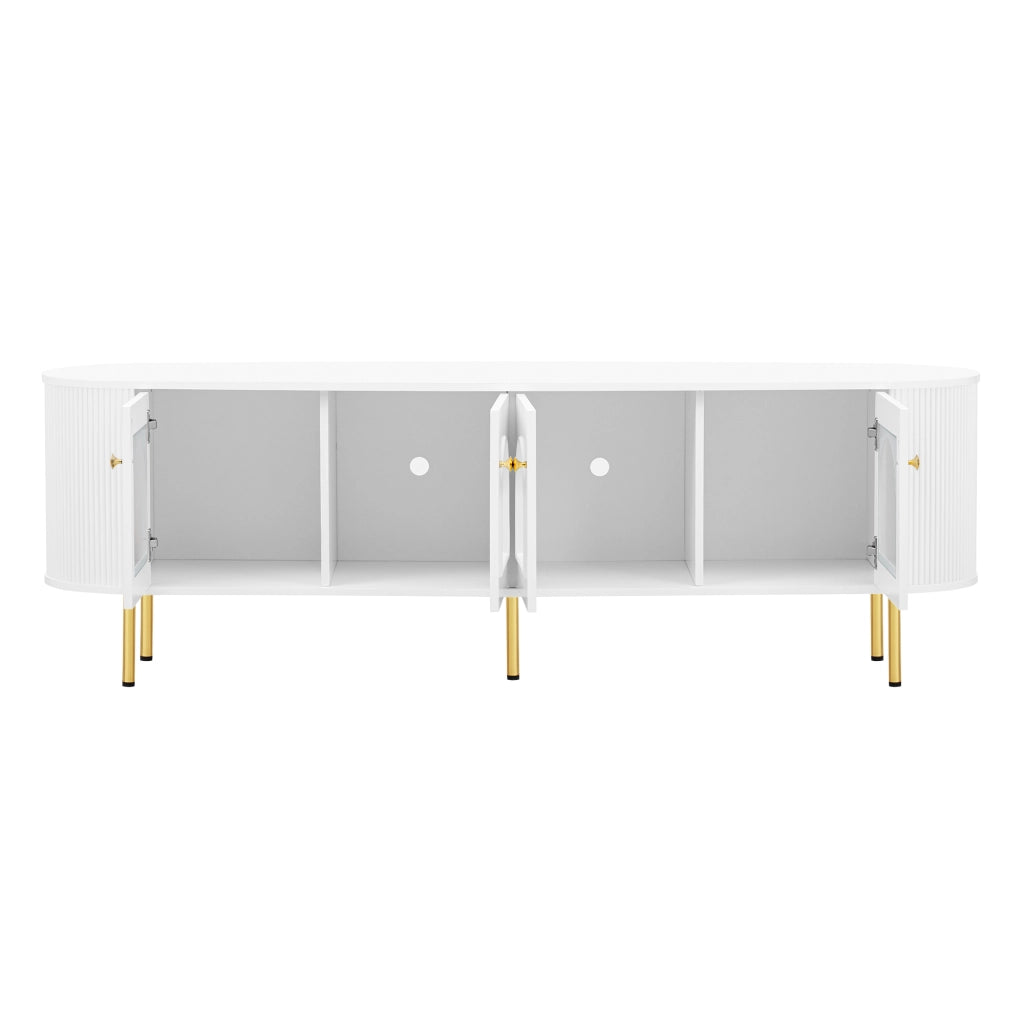 OKWISH Mobile TV con 4 Ante in Vetro, Passacavi e Cerniere Ammortizzate, per Soggiorno, MDF, 170 x 35 x 55 cm, Bianco e Oro