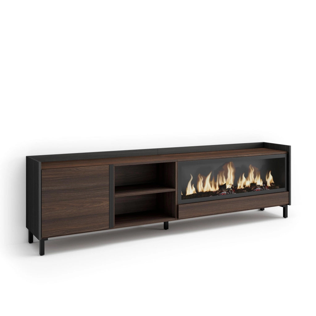 Mobile TV Soggiorno, 212x61x35 cm, Per TV fino a 80", Camino elettrico XXL, Design industriale, Rovere scuro e Nero
