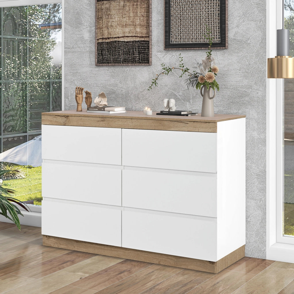 OKWISH Cassettiera con 6 Cassetti, Stile Classico, per Camera da Letto e Soggiorno, Pannello di Particelle, Bianco e Rovere