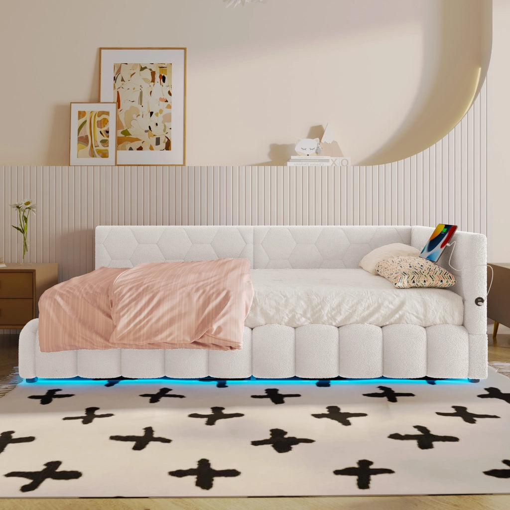 Letto giorno con funzione divano a rete elettrica in velluto bianco 90x200 cm