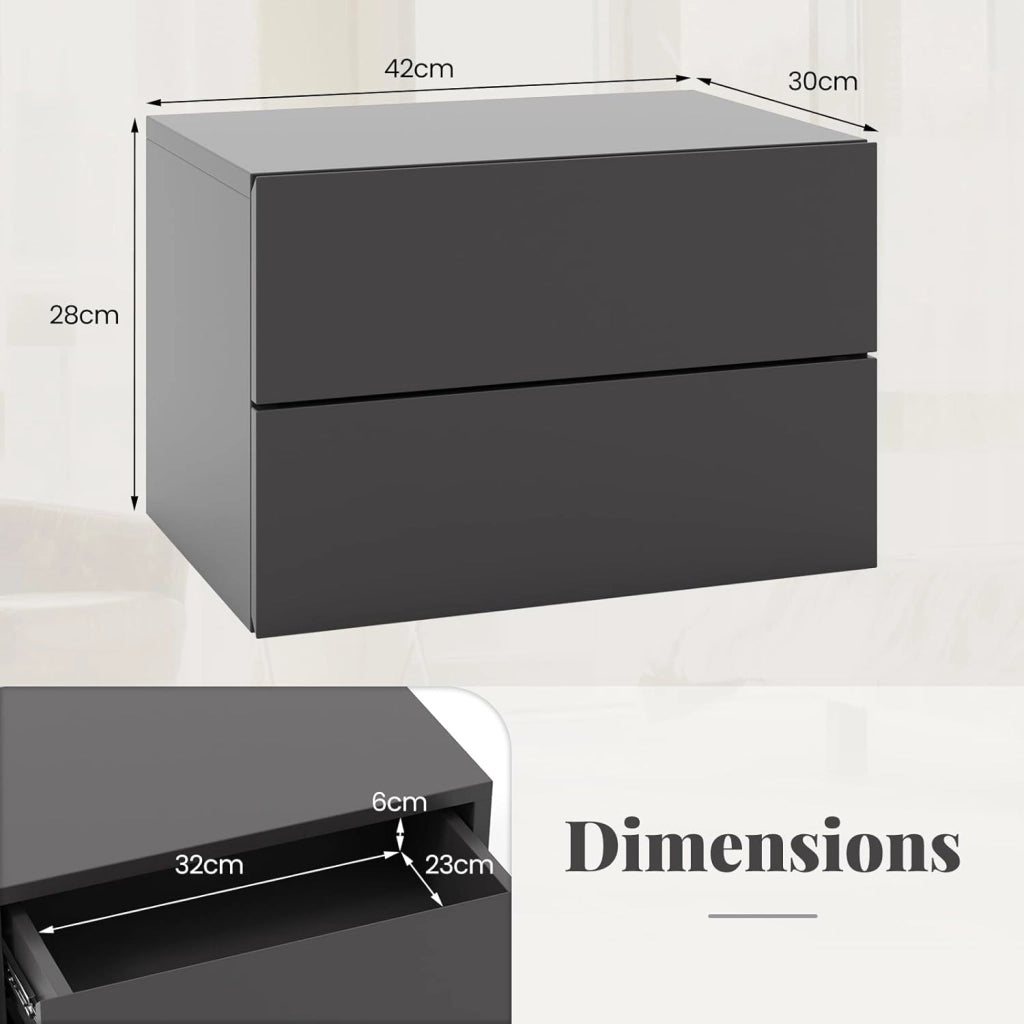 Comodino da parete moderno con 2 cassetti di stoccaggio, armadio da letto a parete, 42 x 30 x 28 cm, per camera da letto, soggiorno, grigio/bianco (nero)