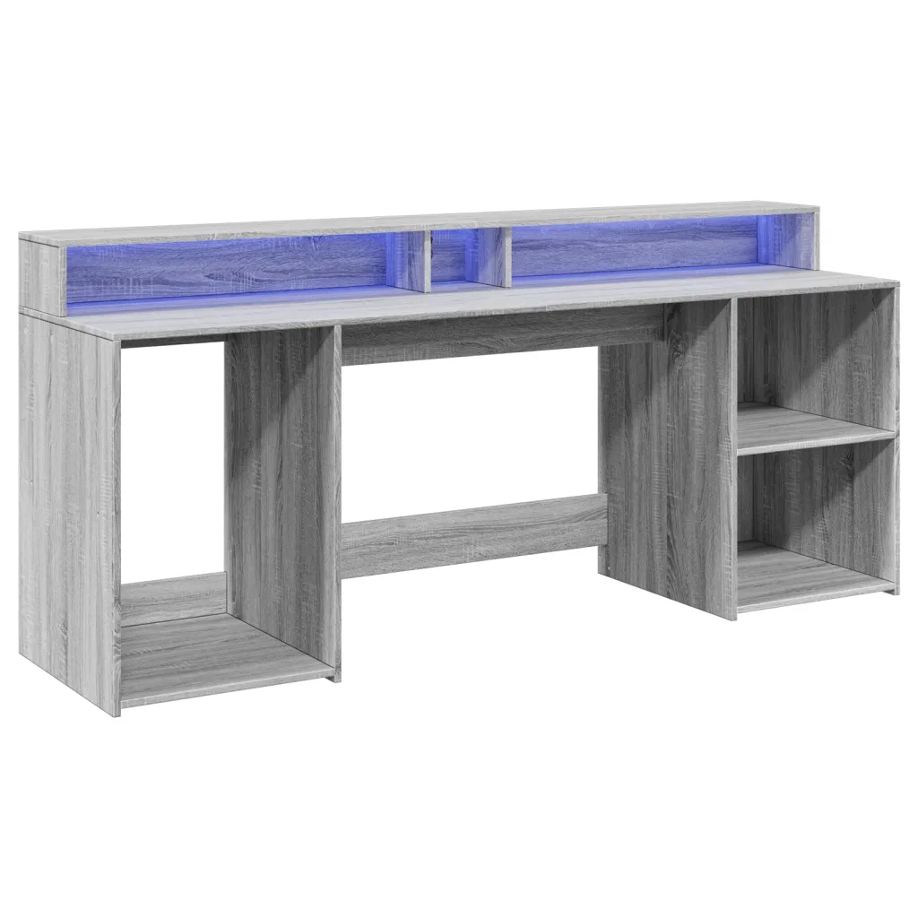 Scrivania con Luci LED Grigio Sonoma 200x55x91cm in Truciolato