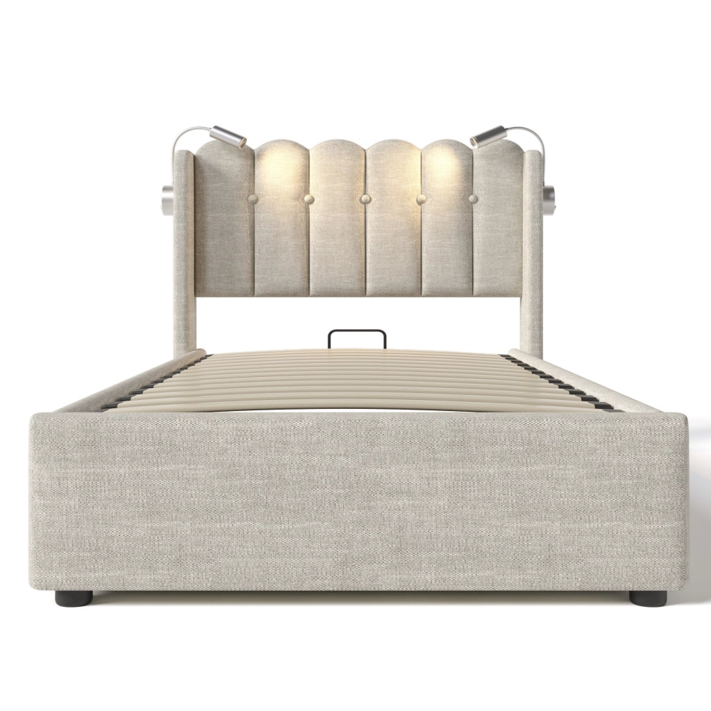 Letto singolo imbottito con luce da lettura, porta USB e contenitore