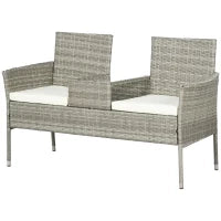 Divanetto per Esterni 2 Posti con Tavolino da Caffè, in Acciaio e Rattan PE, 137x59x82 cm, Grigio e Crema