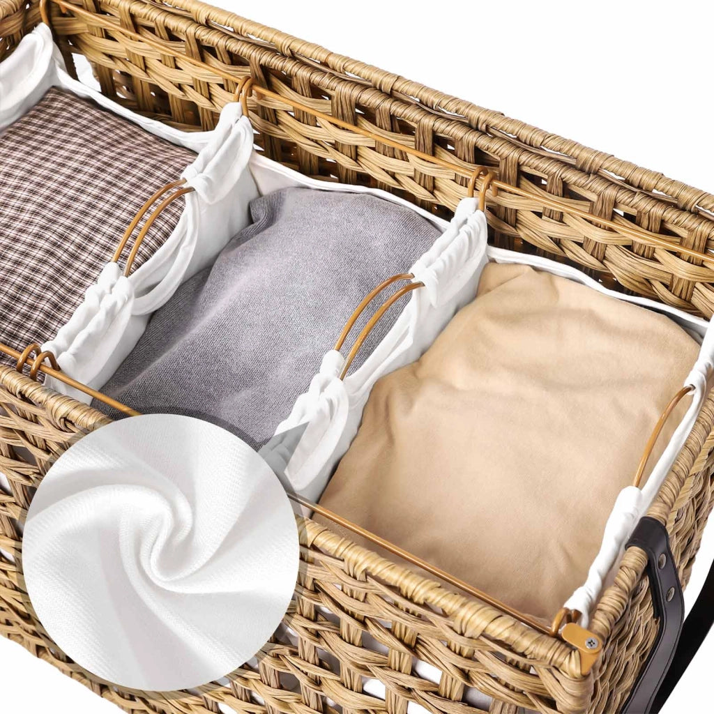 Cesto portabiancheria intrecciato a mano stile imitazione rattan mobile 3 scomparti di smistamento coperchio manici sacchetti rimovibili soggiorno bagno 66 cm lavanderia marrone 12_0003598