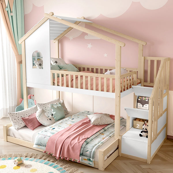 Letto a castello 90+140x200cm - Xylo - naturale/bianco, scala-ripiano, finestra