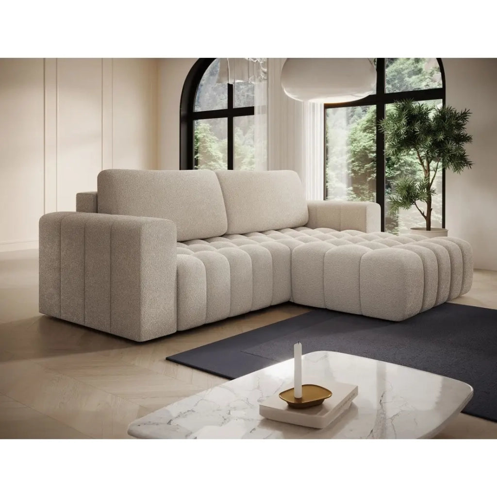 Divano angolare convertibile DORY crema 250 cm con contenitore angolo destro