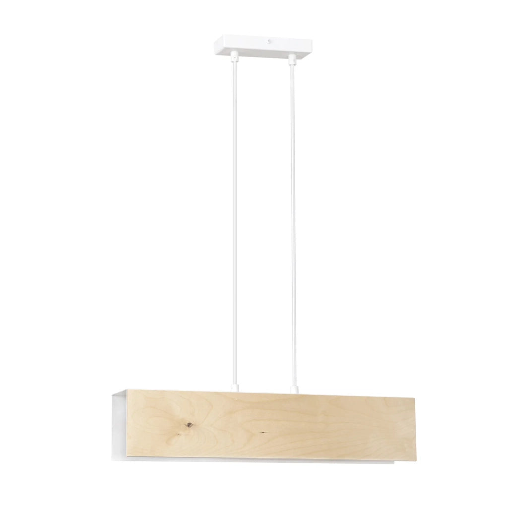 Lampadario 2 Luci Merlino In Acciaio Bianco Corpo Rettangolare E Legno Naturale
