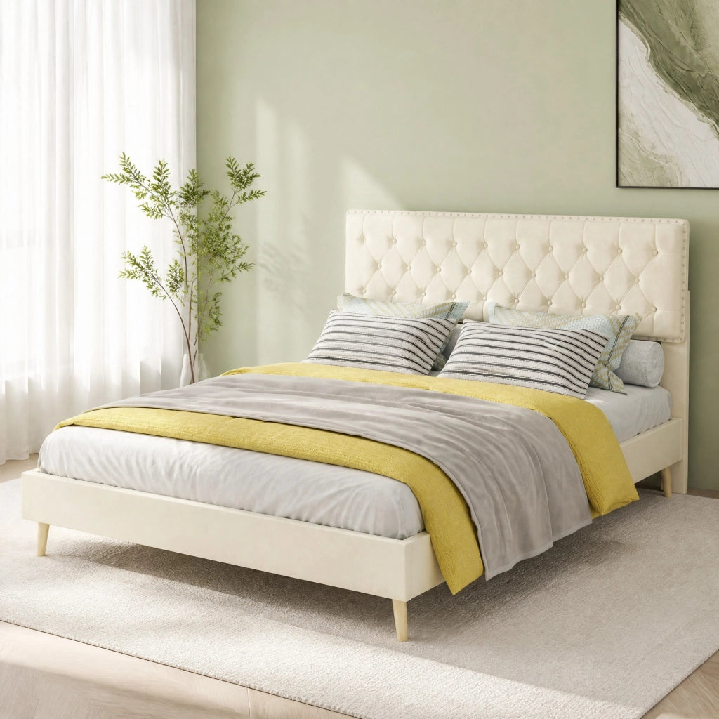 Letto matrimoniale 140x200 cm in velluto olandese beige con testiera alta