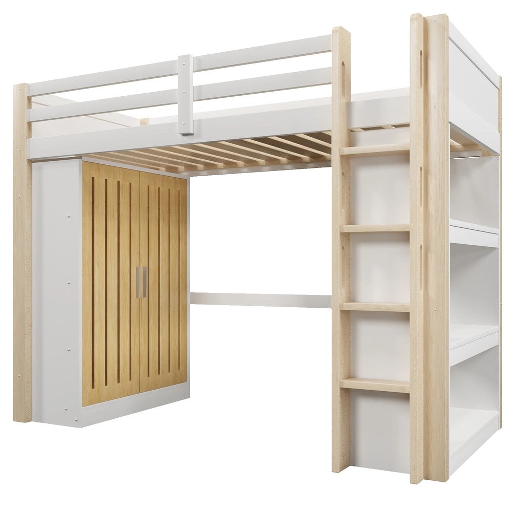 Letto a Soppalco con LED, Armadio e Scaffale ¨C MINIMAL ¨C 90x200 Bianco e Naturale