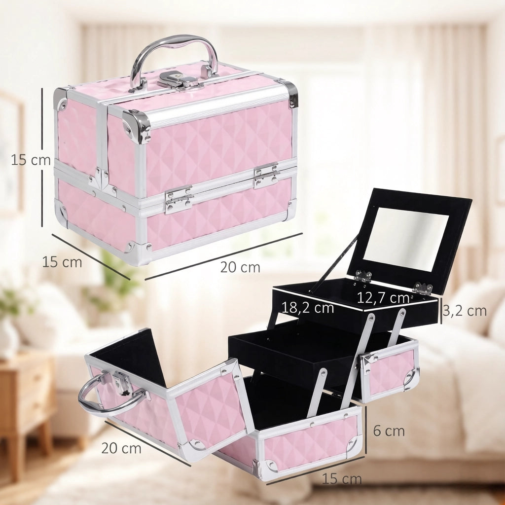 Beauty case trucco con 3 livelli; specchio e lucchetto - per viaggio - 20x15x15 cm - rosa