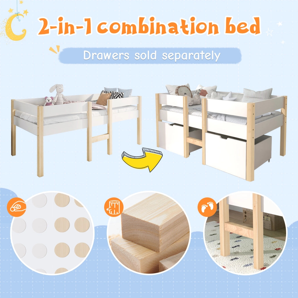 DESMIU Letto a soppalco per bambini 90 × 200 cm 1 piazza con cassetto, sponda di sicurezza e scala, senza materasso, bianco