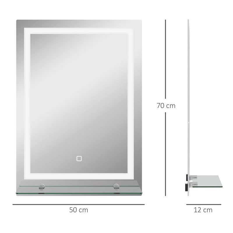 SPECCHIO PER BAGNO A LUCI LED A 3 COLORI REGOLABILI CON MENSOLA IN VETRO 50X12X70 CM ARGENTO