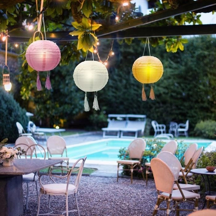 Set di 3 lanterne solari - LUMISKY - SHANGRI LA - H20 cm - Rosa, crema e arancione - LED bianco caldo