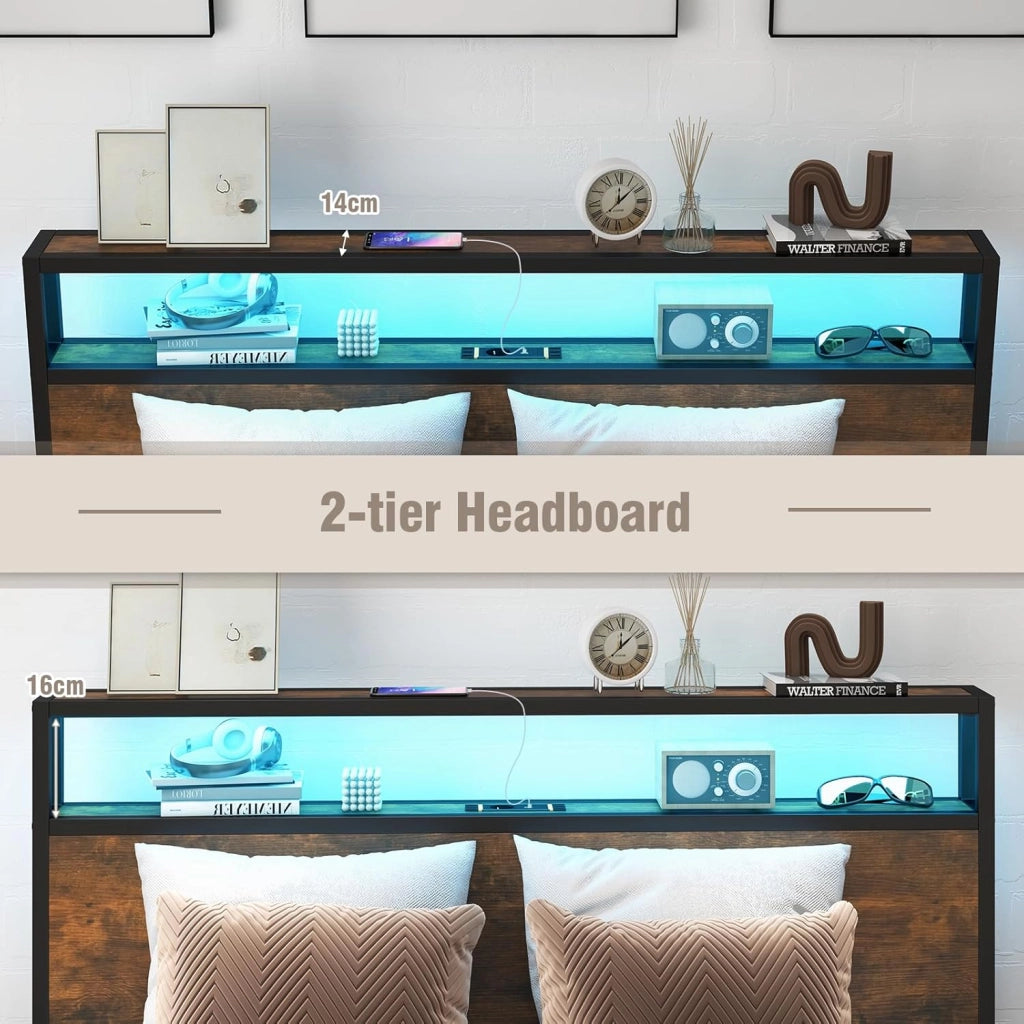 140 x 200 cm Strutture Letto Matrimoniale con LED, Telaio in Metallo con Stazione di Ricarica, 4 Cassetti da Pavimento, Matrimoniale con Testiera e Rete a Doghe, Spazio Sotto il Letto