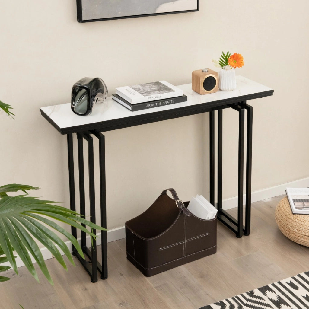 Consolle 110cm con piano in finto marmo e struttura in metallo per impieghi gravosi, Tavolino lungo per divano Nero-Consolle