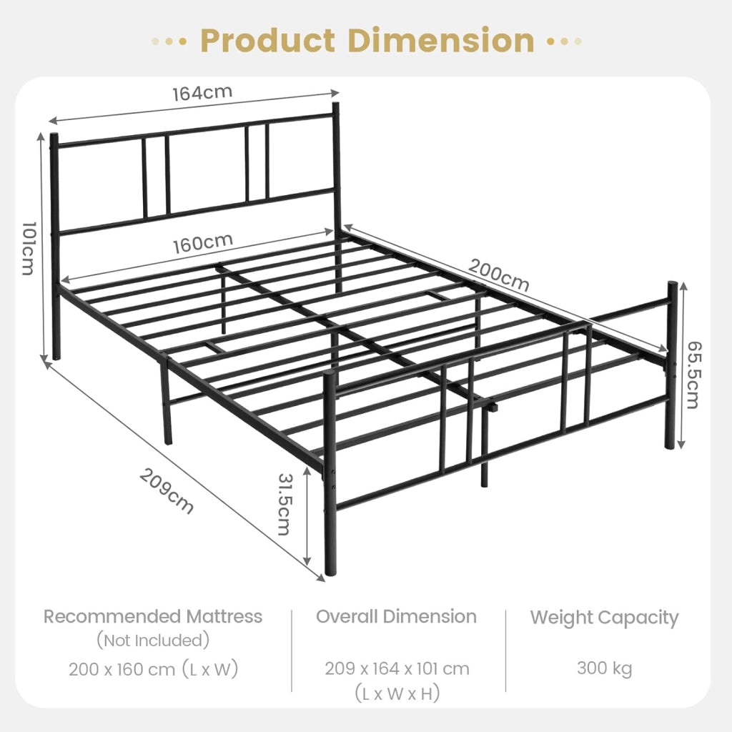 Struttura Letto 140 x 200 cm in Metallo con Testiera e Pediera, Spazio di Archiviazione Sotto al Letto per Adulti, Stile Rustico Moderno Nero, Carico Massimo 300 kg (160_x_200_cm)