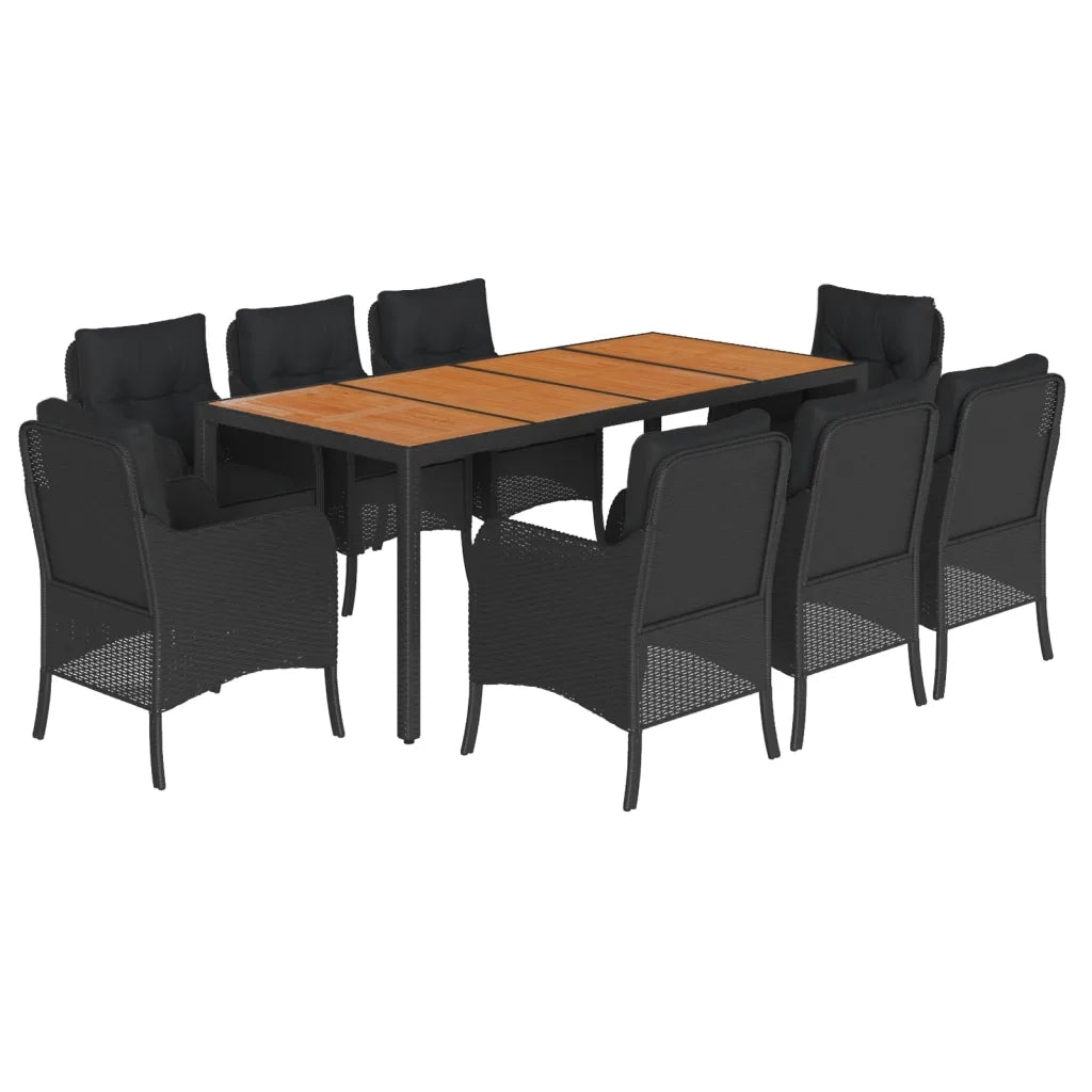 Set da Pranzo da Giardino 9 pz con Cuscini Nero in Polyrattan